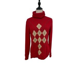 Escada‎ Red Argyle Turtle Neck Sweater Wool Cashmere Silk Sweater Sz 40 Luxury